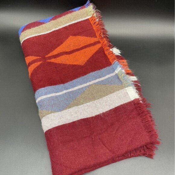 Southwest Aztec Wrap Scarf Throw Blanket Fringe Western Maroon Blue Stripe 77x40 - Picture 2 of 6